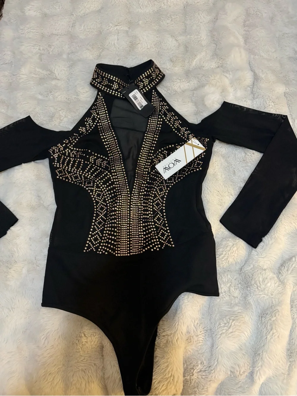 WOW couture Black One-Piece Bodysuit with Gold Stud Embellishments